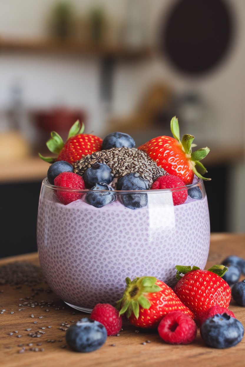 Explore how easy it is to prepare this healthy pudding by simply mixing chia seeds with your favorite milk and sweetener. With minimal effort and a little time to set, you’ll have a delicious, creamy base complemented by the freshness of berries, creating a delightful dish that fits perfectly into your healthy eating routine.