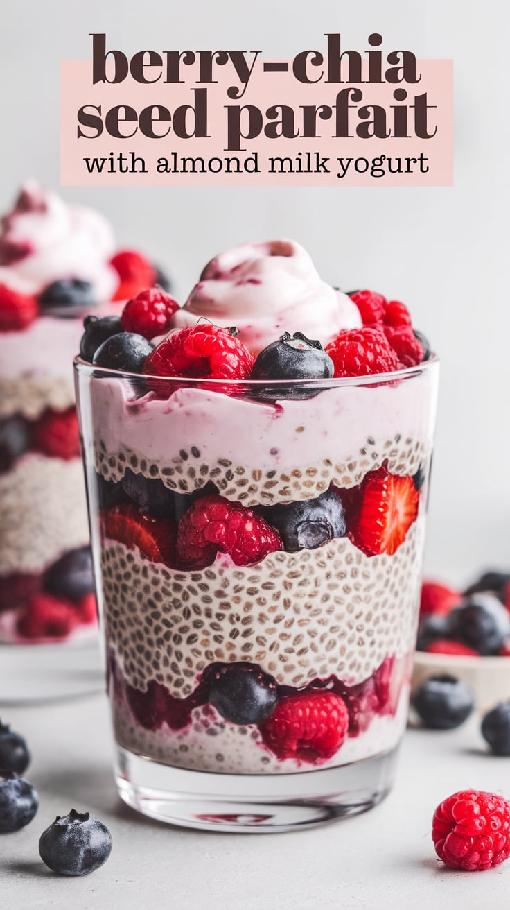 Delight in the naturally sweet layers of a Berry-Chia Seed Parfait. This dish combines the crunch of chia seeds with smooth almond milk yogurt for a perfect balance of health and taste, keeping it low in calories without compromising flavor.
