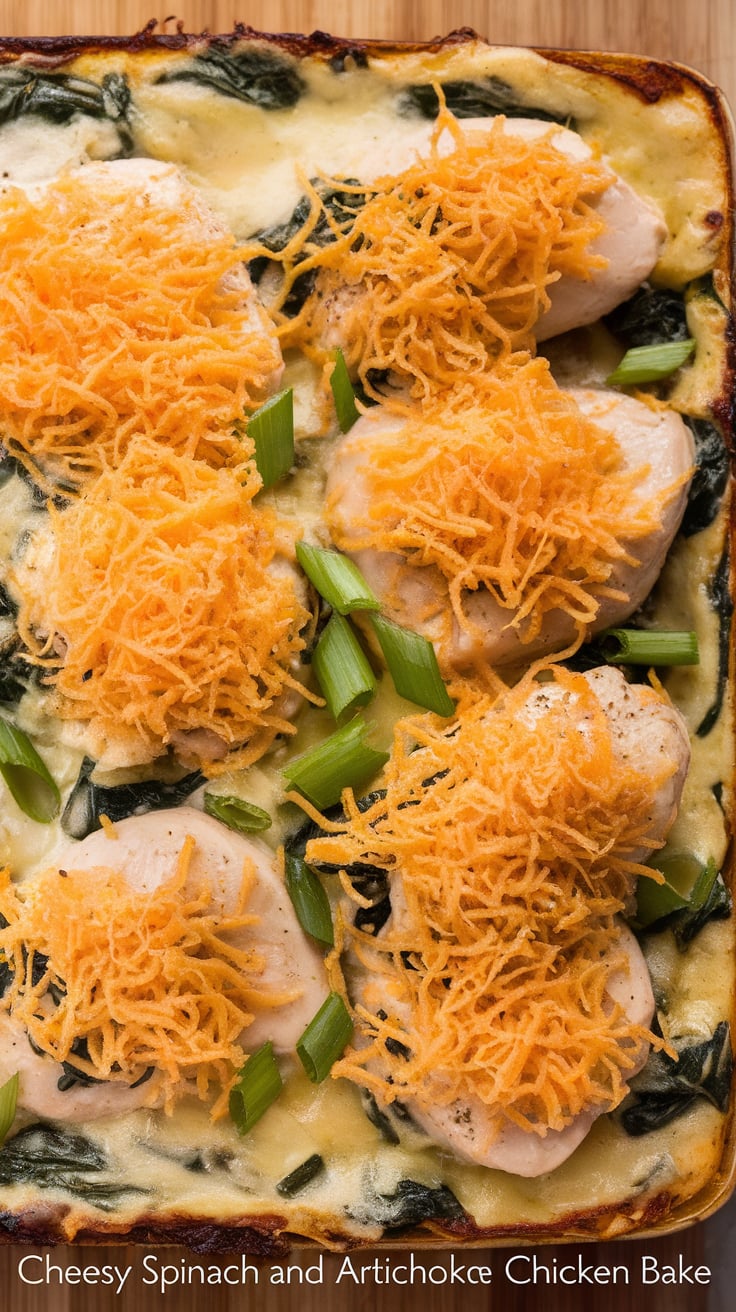 Delve into the delicious comforts of Cheesy Spinach and Artichoke Chicken Bake, a dish that marries indulgent flavors with a health-conscious twist. Juicy chicken breasts are smothered in a creamy blend of spinach and artichokes, delivering a satisfying high-protein meal while keeping calories and carbs at bay.