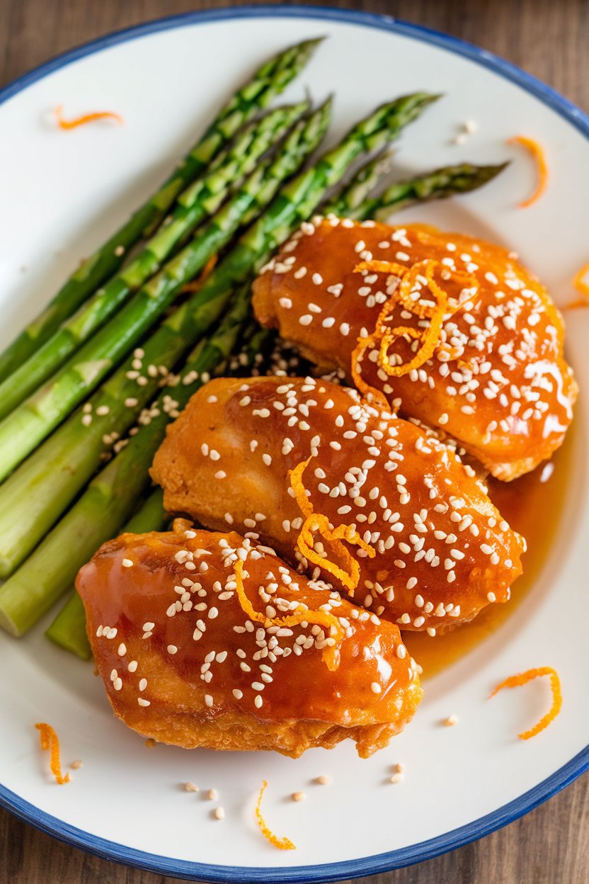 Experience the vibrant taste of Sesame Orange Chicken with Steamed Asparagus, a dish that combines high protein with fresh ingredients for a deliciously nutritious meal. The succulent chicken is glazed with a zesty orange sauce, creating a flavorful experience that is both satisfying and low in calories.