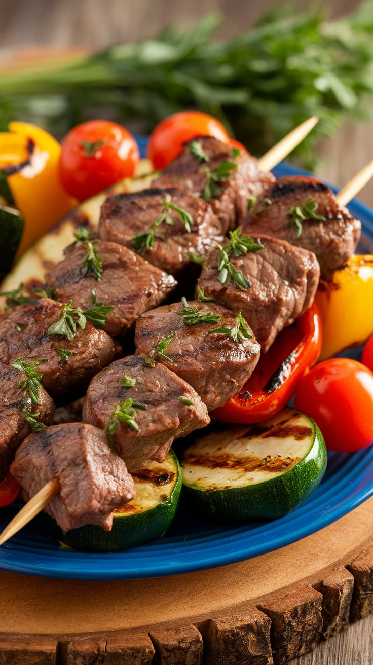 Ignite your taste buds with Garlic Herb Beef Skewers paired with perfectly grilled vegetables. These juicy, protein-packed skewers offer a burst of flavor while keeping carbs and calories low, making them a fantastic choice for a healthy and satisfying meal.
