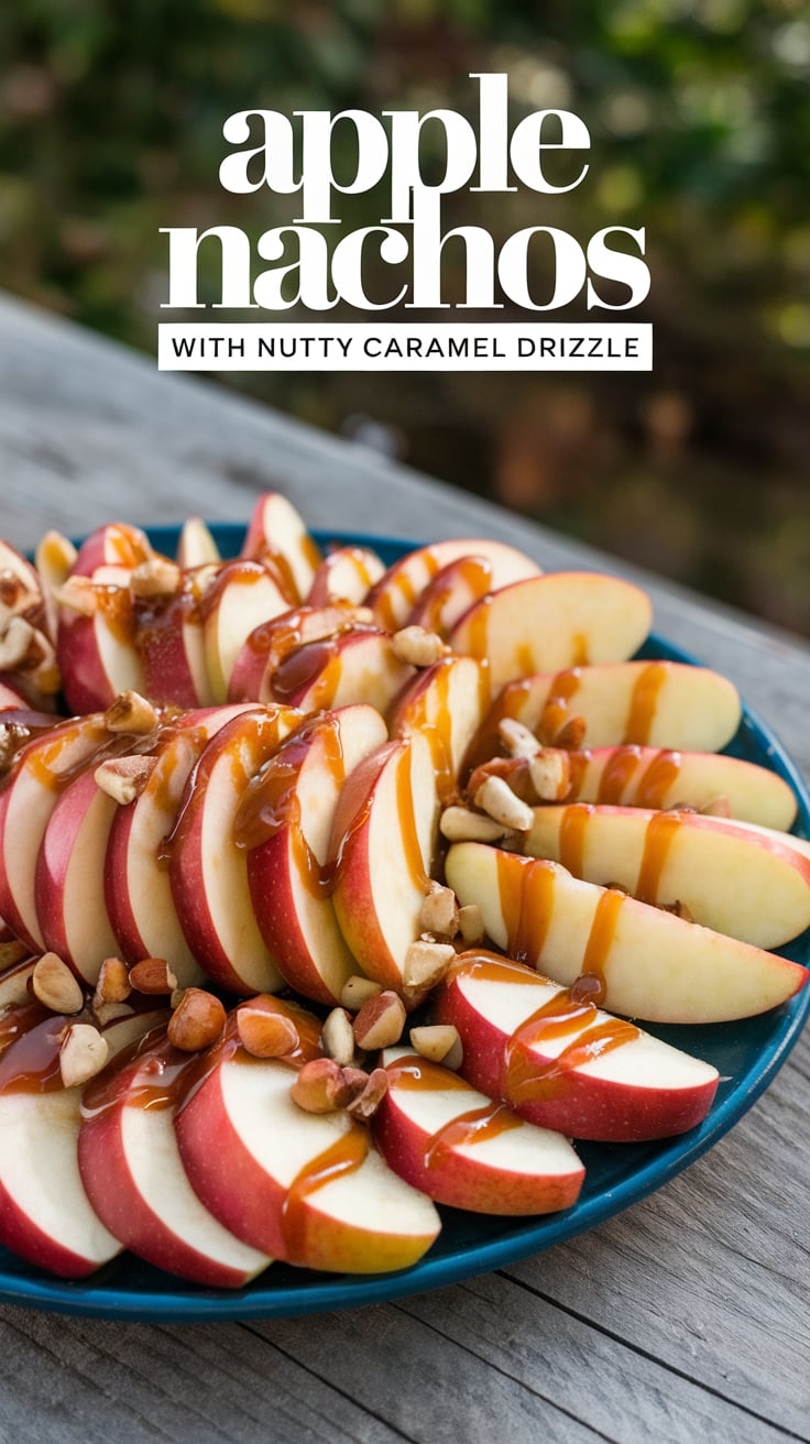 Experience the playful twist of Apple Nachos, combining juicy apples with a rich nutty caramel sauce. This creative and low-calorie take on nachos makes for a deliciously wholesome snack or dessert.