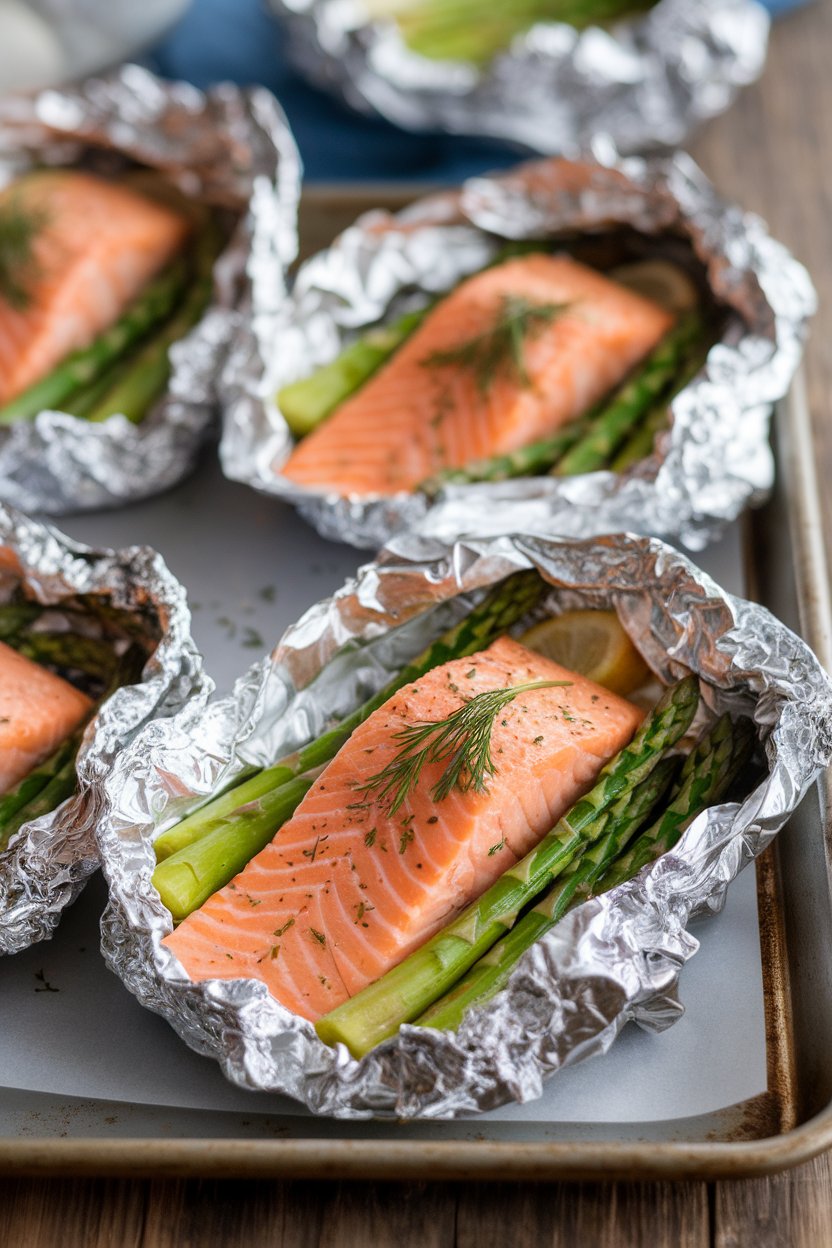 Unveil the flavors of salmon and asparagus foil packets, a delightful meal that offers high protein while remaining low in carbs and calories. This easy-to-make dish combines succulent salmon with crisp asparagus, creating a satisfying and nutritious option that’s perfect for weekday dinners or outdoor grilling.