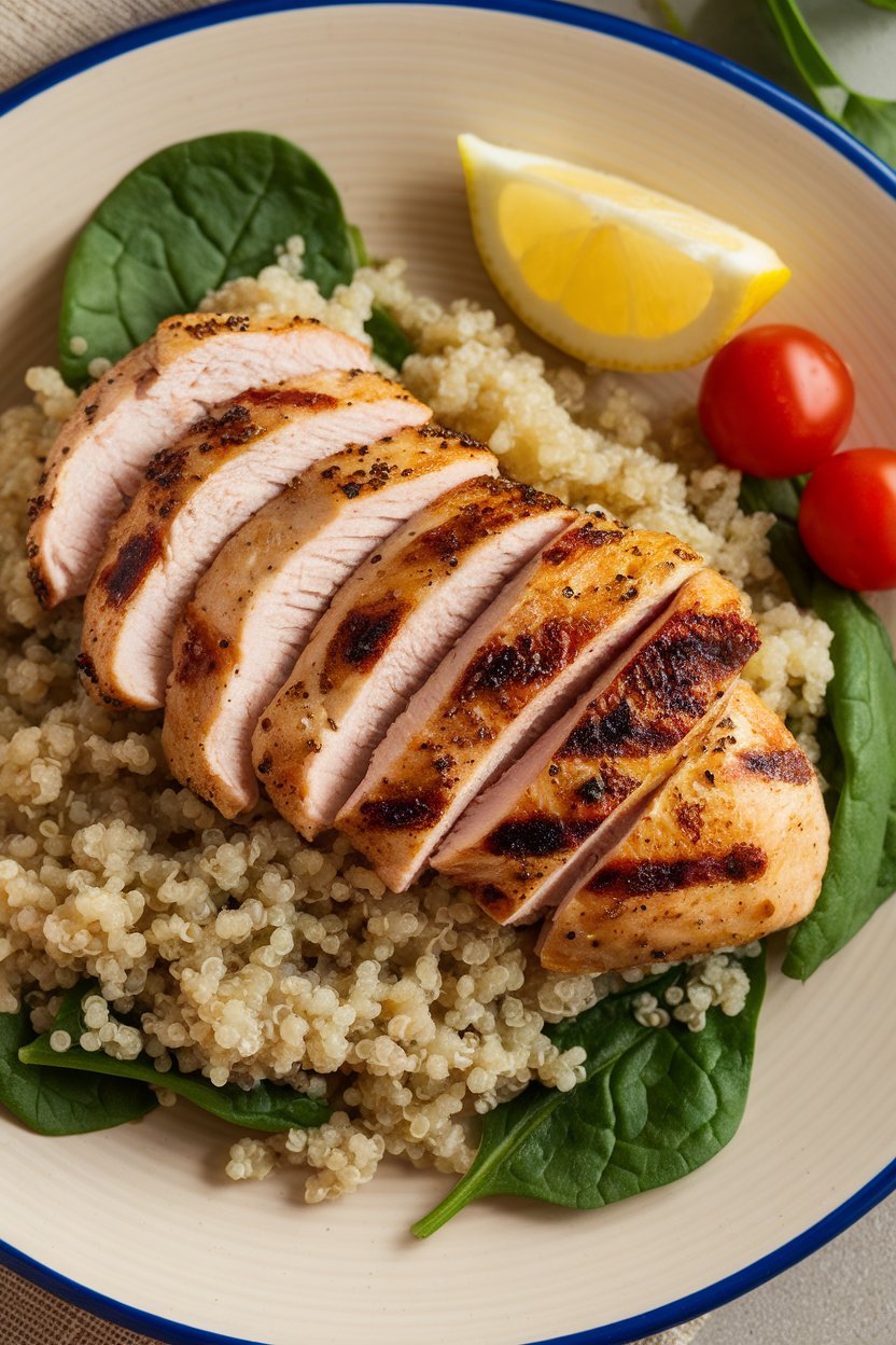 Elevate your meal planning with grilled chicken breast served alongside quinoa and spinach, a powerhouse combination that delivers high protein while being low in carbs and calories. This dish makes healthy eating enjoyable without sacrificing flavor or satisfaction.