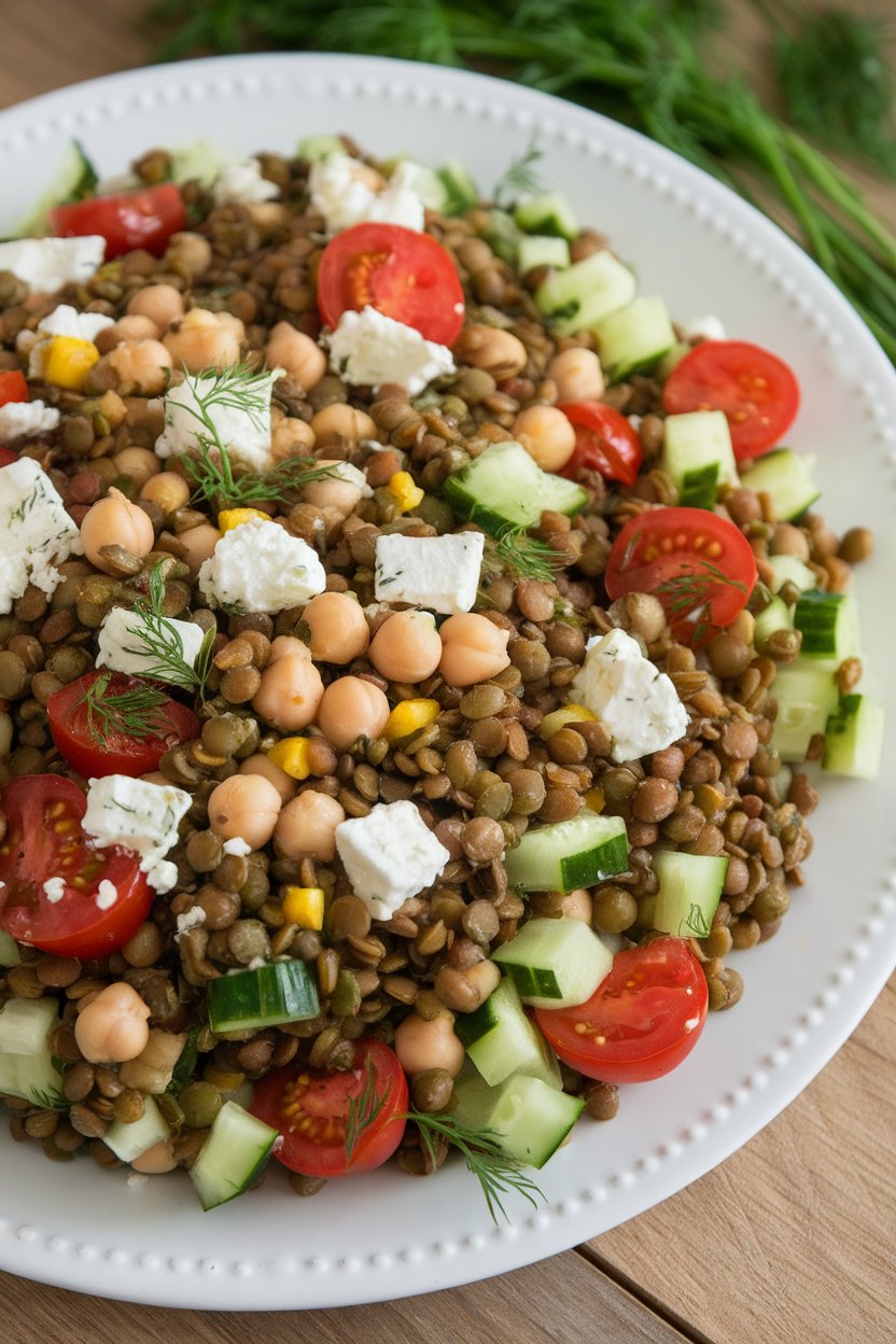 Indulge in the delightful combination of hearty lentils and protein-rich chickpeas, enhanced by tangy feta and crisp vegetables. Each bite offers a burst of flavor along with essential vitamins and minerals, making this salad a perfect choice for anyone seeking a nutritious meal.