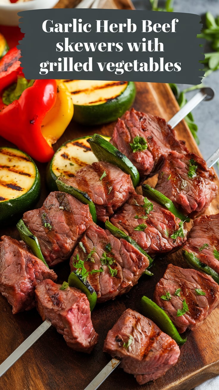 Elevate your grilling experience with Garlic Herb Beef Skewers complemented by a selection of delicious grilled vegetables. This dish not only delivers robust flavors and high protein but also maintains a wonderfully low carb and calorie count, making it an irresistible choice for health-conscious diners.