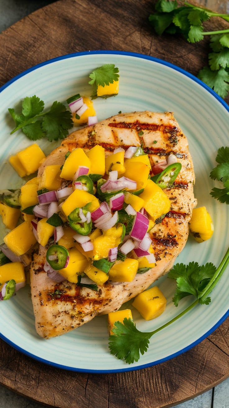 Experience a taste of the tropics with Grilled Chicken topped with vibrant Mango Salsa. This refreshing dish combines lean protein with the sweetness of fresh fruit, making it a low-calorie option that's bursting with flavor and sunshine.