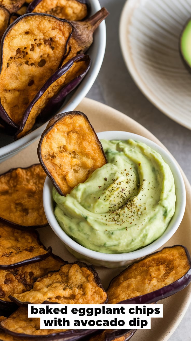 Snack smarter with our Baked Eggplant Chips paired with a creamy avocado dip, a deliciously healthy alternative to traditional chips. This low-calorie recipe offers a satisfying crunch without the guilt, making it the perfect treat for any time of day.