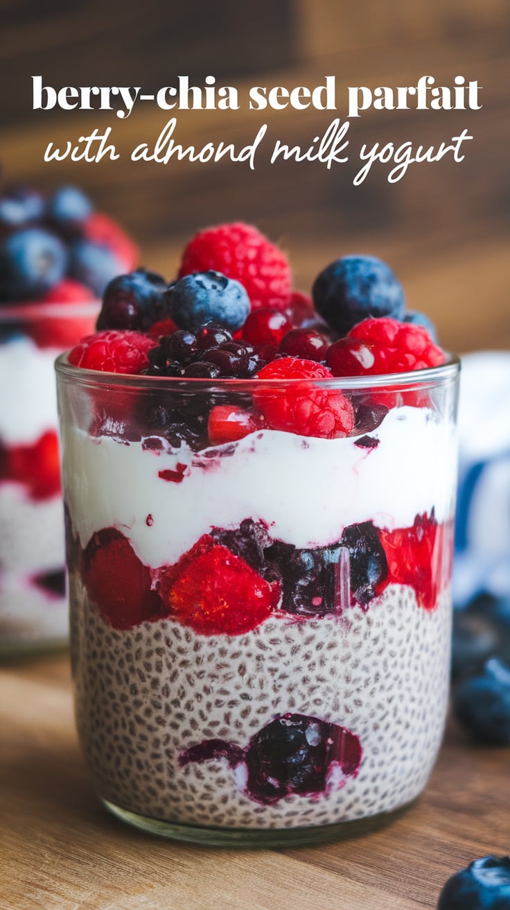 Revel in the layered beauty of a Berry-Chia Seed Parfait, where vibrant berries meet the smooth creaminess of almond milk yogurt. This refreshing treat is both nourishing and low in calories, perfect for a light indulgence.
