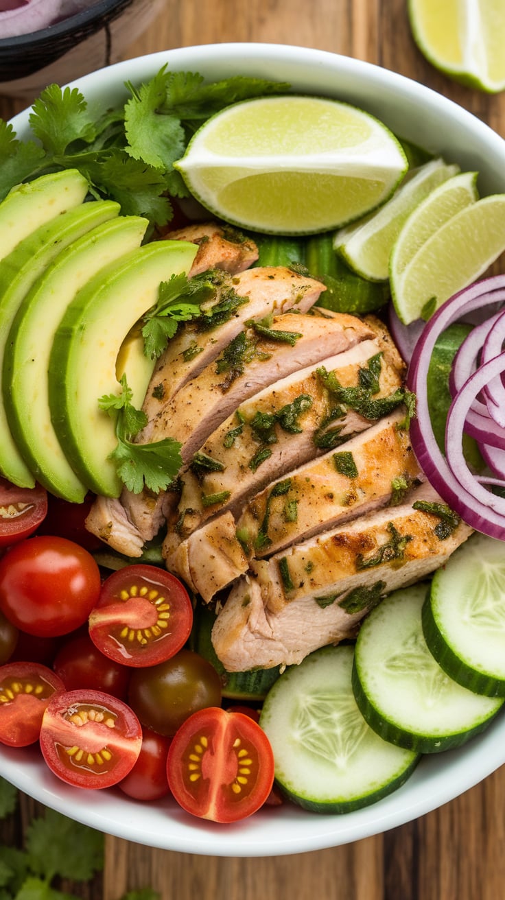 Refresh your palate with the vibrant Cilantro-Lime Chicken and Avocado Bowl, a delightful dish that brings together zesty flavors and nutritious ingredients. High in protein and loaded with healthy fats from avocado, this bowl is low in carbs and calories, making it a perfect choice for a satisfying, guilt-free meal.