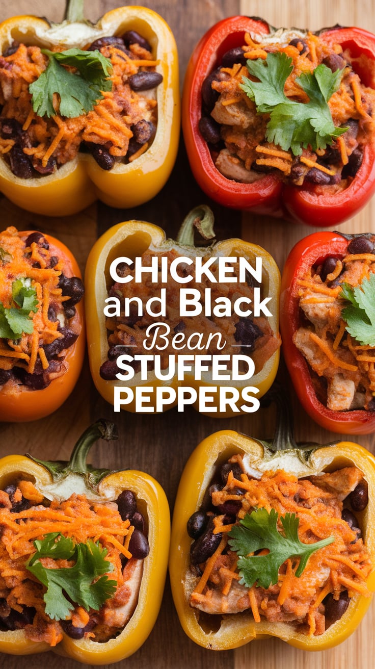 Savor the wholesome goodness of Chicken and Black Bean Stuffed Peppers, a dish that perfectly balances flavor and nutrition. With a hearty filling combined with fresh bell peppers, each serving is high in protein while remaining low in carbs and calories, making it a delightful option for any meal.