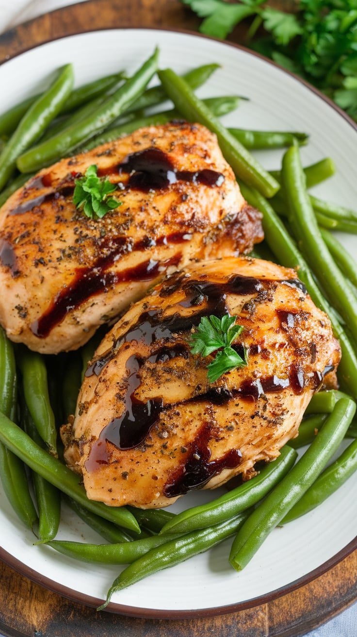 Indulge in the savory delight of Balsamic Glazed Chicken with Green Beans, where tender chicken meets a tangy glaze that elevates your dining experience. This recipe is packed with protein while being low in carbs and calories, making it a guilt-free option for a satisfying and flavorful meal.