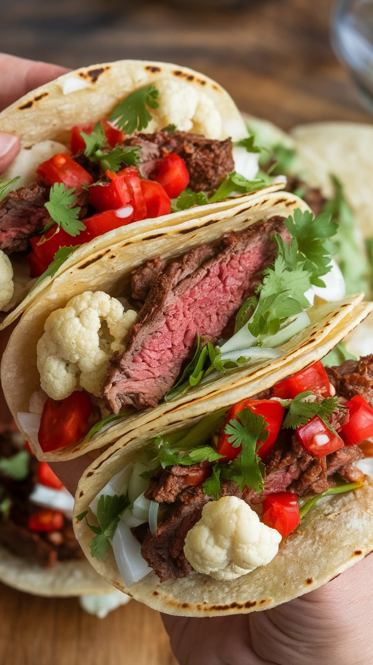 Discover the warm, aromatic spices that elevate the tender beef, creating a savory filling that dances on your palate. Paired with roasted cauliflower, these tacos offer a satisfying crunch that complements the richness of the beef, ensuring you enjoy every flavor-packed bite.