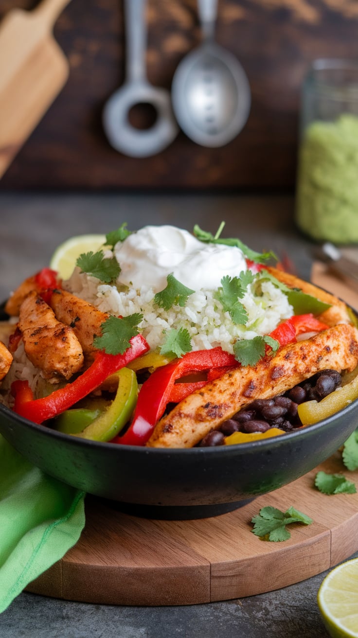Dive into the bold flavors of a Chicken Fajita Bowl with Cilantro Rice, where tender chicken mingles with vibrant peppers and onions. This nutritious dish is high in protein while keeping carbs and calories low, making it a deliciously satisfying choice for a healthy meal that’s bursting with flavor.