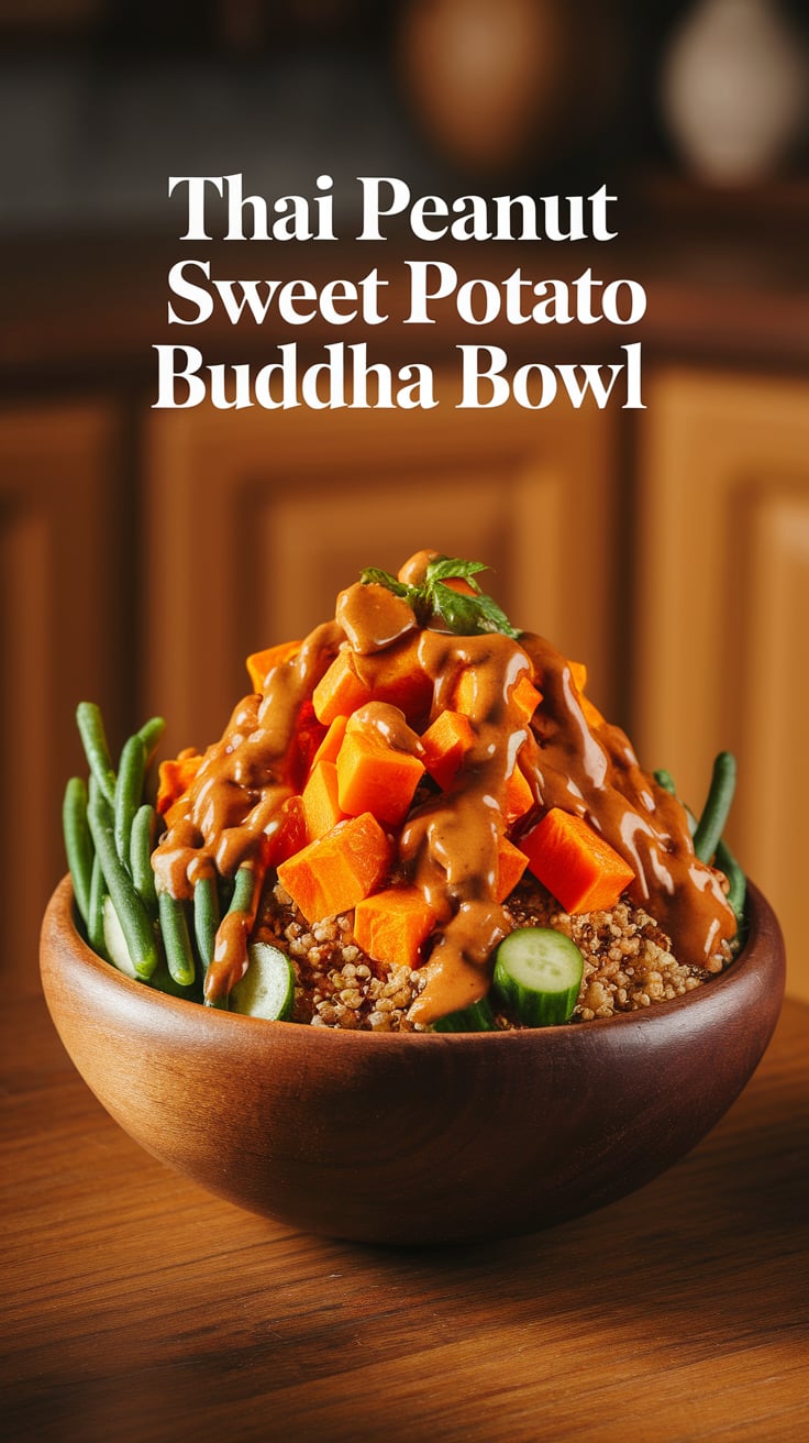 Dive into a vibrant and satisfying meal with this Thai Peanut Sweet Potato Buddha Bowl. Packed with nutritious ingredients, this vegan delight is low in calories, making it a perfect choice for a wholesome lunch or dinner.