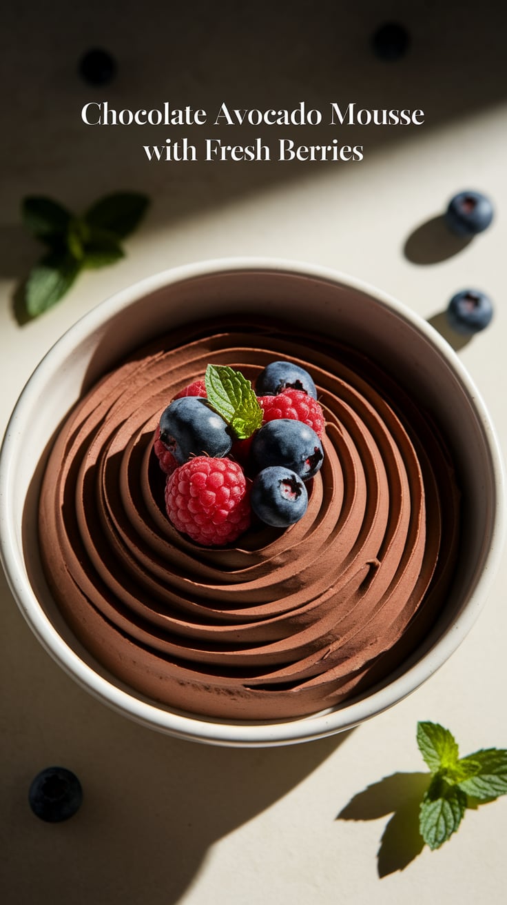 Satisfy your sweet tooth with a rich and creamy Chocolate Avocado Mousse that’s both indulgent and healthy. This vegan dessert is low in calories and topped with fresh berries, proving that you can enjoy guilt-free treats.