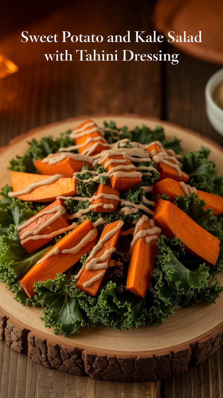 Enjoy a vibrant and nutritious bowl with this Sweet Potato and Kale Salad drizzled in creamy tahini dressing. Each ingredient dazzles while keeping your meal light and low in calories, perfect for a refreshing lunch or dinner.