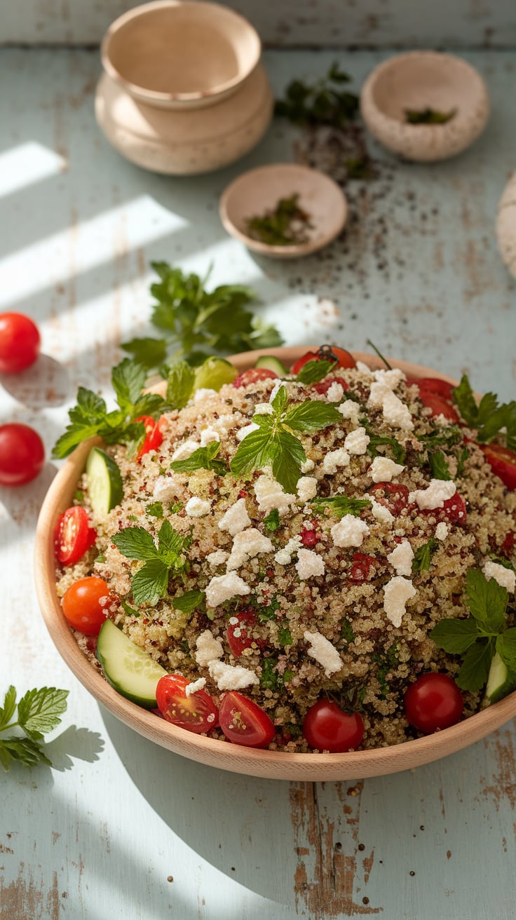 Savor the essence of the Mediterranean with this refreshing Quinoa Salad topped with creamy feta. Bursting with wholesome ingredients, it’s a low-calorie delight that satisfies your cravings while keeping you energized.