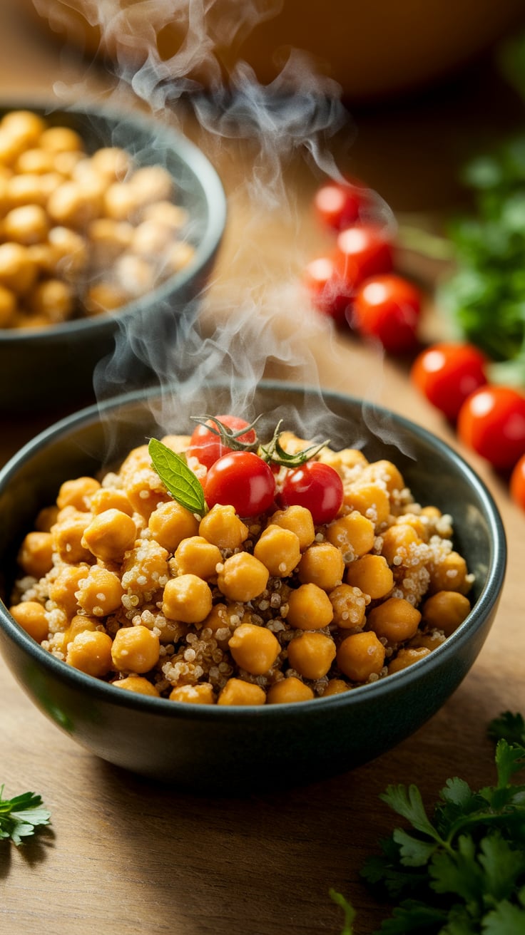 Experience a flavorful escape with this Coconut Curried Chickpeas and Quinoa recipe. High in protein and light on carbs, this dish delivers a comforting yet healthy meal that warms the soul and fuels your day with energy.