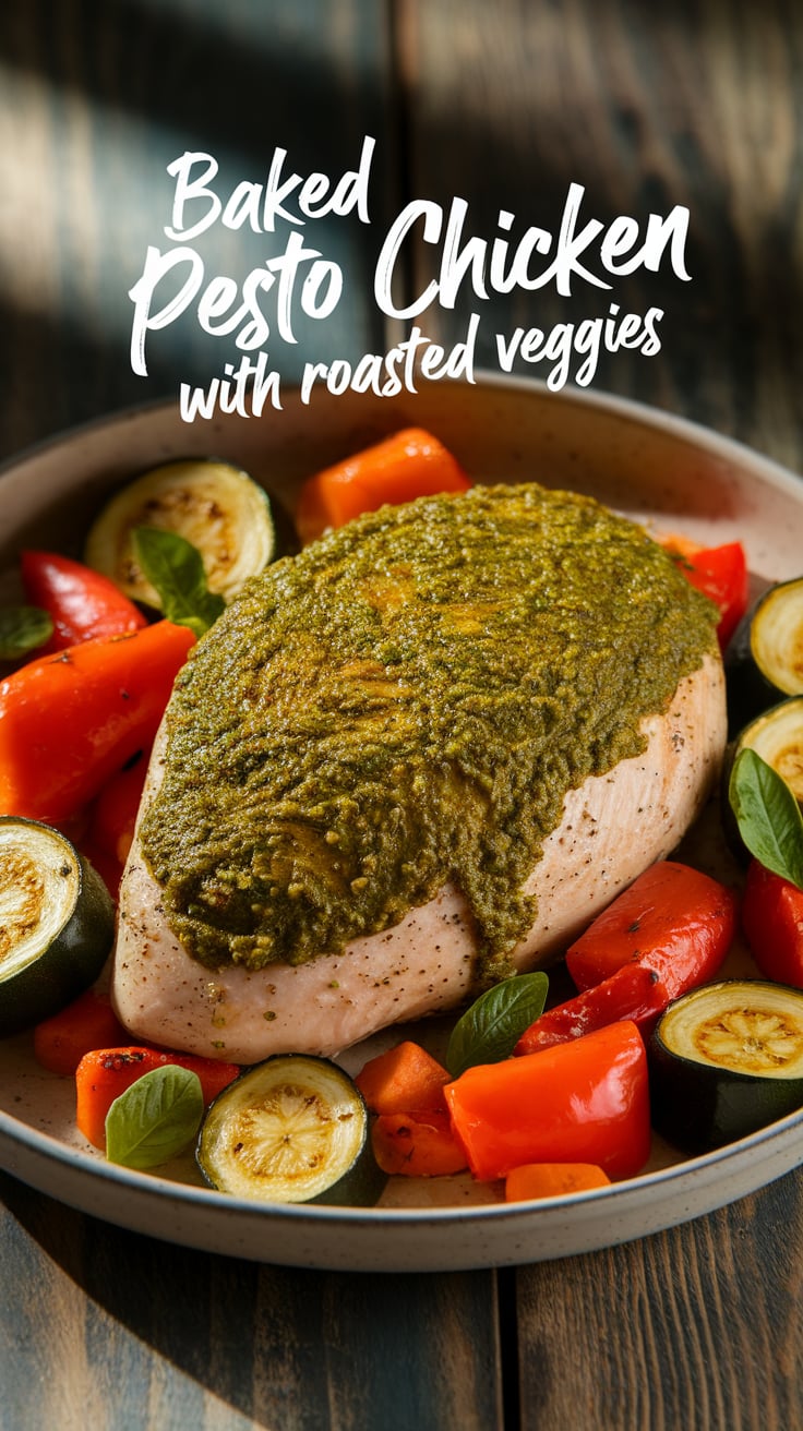 Savor the vibrant flavors of our Baked Pesto Chicken with Roasted Veggies, a dish that promises to elevate your dining experience while being high in protein and low in carbs. The succulent chicken meets a luscious pesto glaze, making every bite burst with freshness.