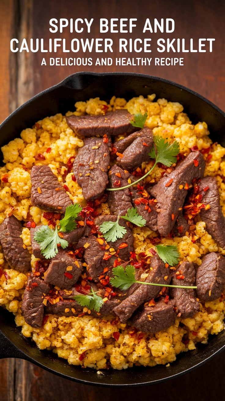 Elevate your weeknight dinners with this enticing spicy beef and cauliflower rice skillet. Easy to prepare and rich in protein, it's a delicious way to enjoy a low-carb, low-calorie meal that never compromises on flavor.