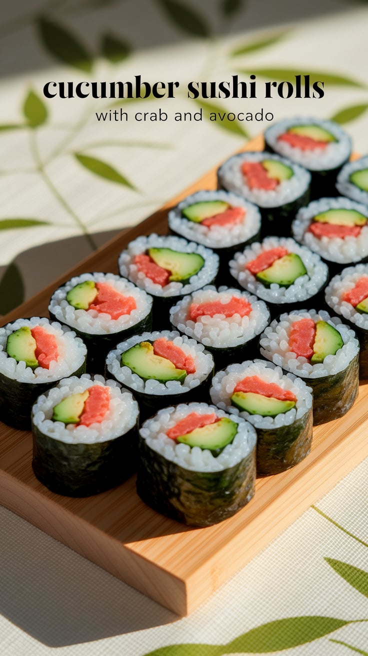 Explore a refreshing twist on sushi with Cucumber Sushi Rolls filled with tender crab and creamy avocado. This light and satisfying dish is perfect for anyone looking to enjoy sushi flavors while keeping calories low and nutrition high.