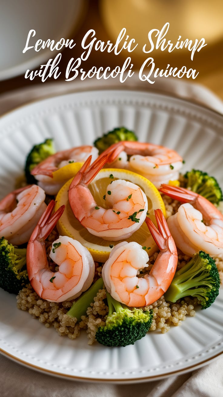 Savor the bright and bold flavors of Lemon Garlic Shrimp served over a bed of broccoli quinoa. This healthy dish delivers a delightful balance of textures and tastes, making it an enticing low-calorie option for any meal.