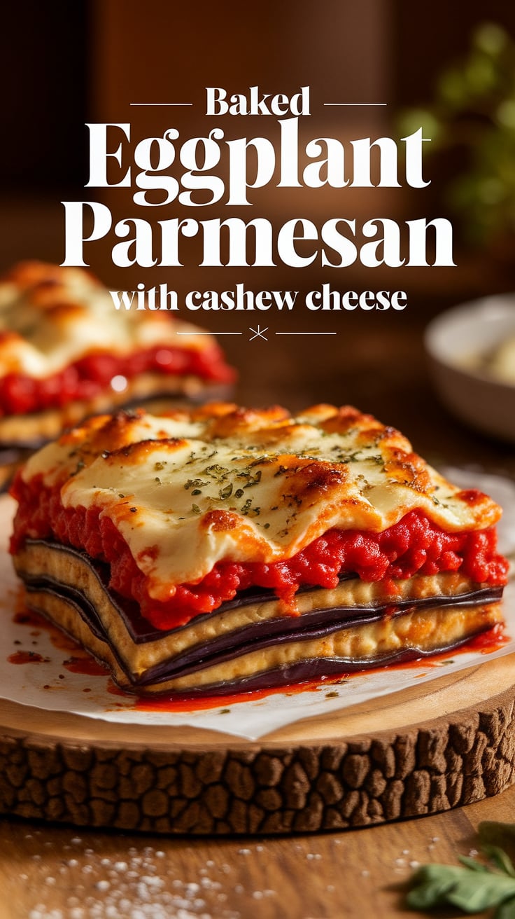 Treat yourself to Baked Eggplant Parmesan, where tender eggplant meets rich cashew cheese in a satisfying and nutritious meal. This dish not only pleases the palate but also aligns perfectly with your health goals, making it an ideal choice for any occasion.