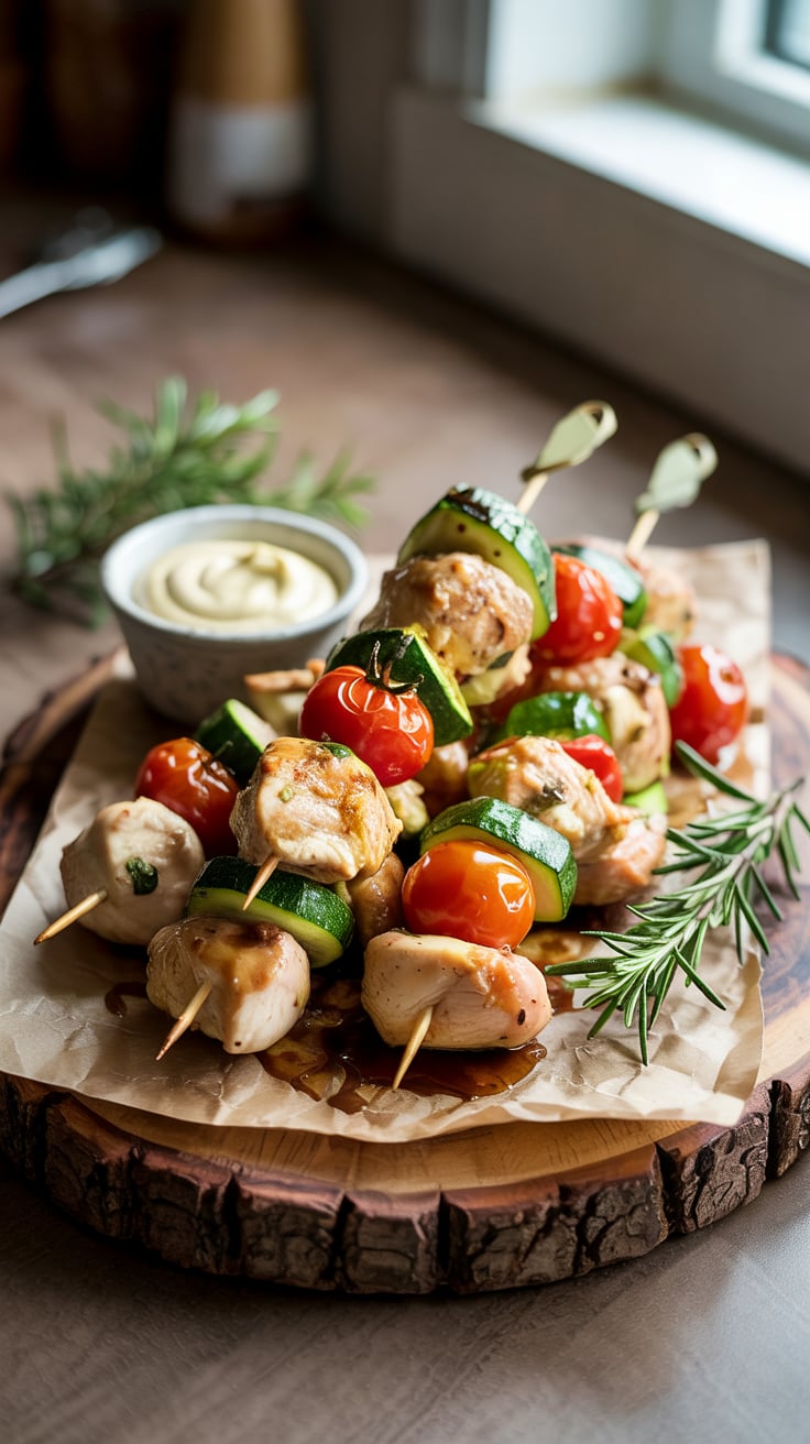 Savor the smoky goodness of Balsamic Chicken Skewers loaded with juicy cherry tomatoes and zucchini. This protein-packed dish is low in carbs and calories, making it a perfect choice for any health-focused meal.