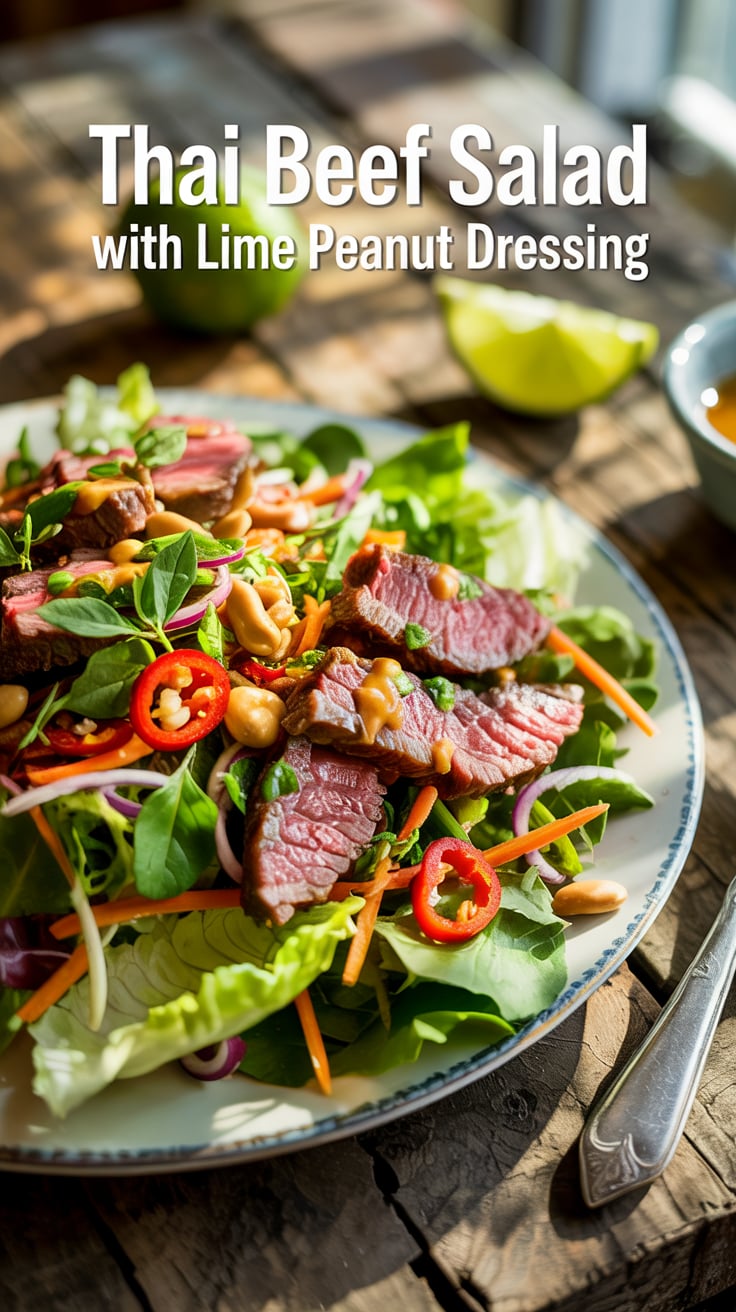 Discover a burst of vibrant flavors with this Thai Beef Salad, featuring tender strips of beef combined with crisp vegetables and drizzled in a zesty lime peanut dressing. This protein-rich dish is the perfect choice for a refreshing, low-carb meal that keeps calories in check without sacrificing taste.