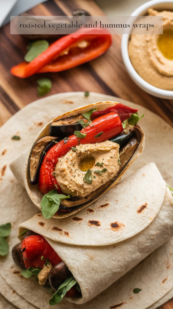 Wrap yourself in flavor with Roasted Vegetable and Hummus Wraps, where colorful veggies meet creamy hummus in a satisfying vegan delight. This dish is not only visually appealing but also low in calories, making it a perfect option for a nutritious meal on the go.