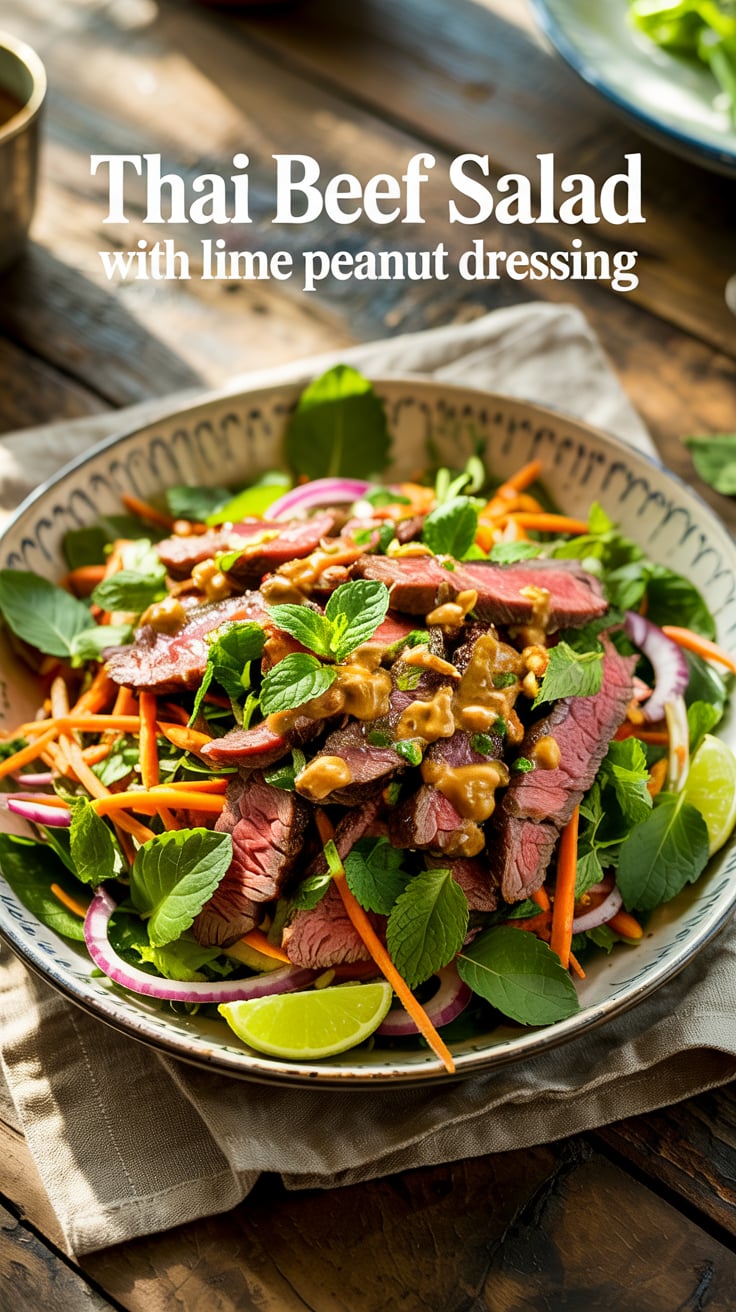 Experience the fusion of flavors in this Thai Beef Salad, where marinated beef meets crunchy vegetables, all brought together by a delicious lime peanut dressing. This high-protein, low-carb, and low-calorie gem promises a filling yet light meal that’s perfect for any time of day.