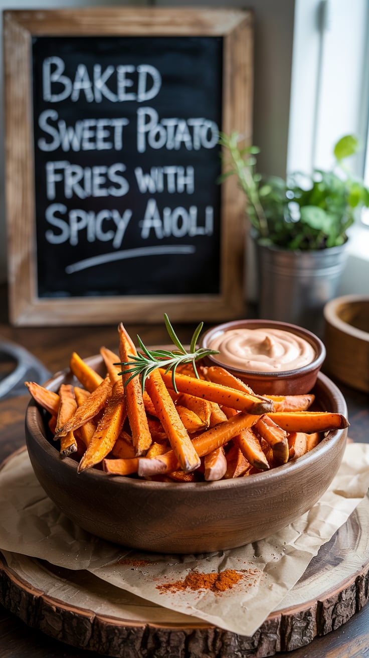 Elevate your snacking with these irresistible baked sweet potato fries, lightly seasoned and oven-roasted to perfection. Coupled with a creamy spicy aioli, this dish offers a delightful kick that keeps your taste buds happy without the calorie overload.