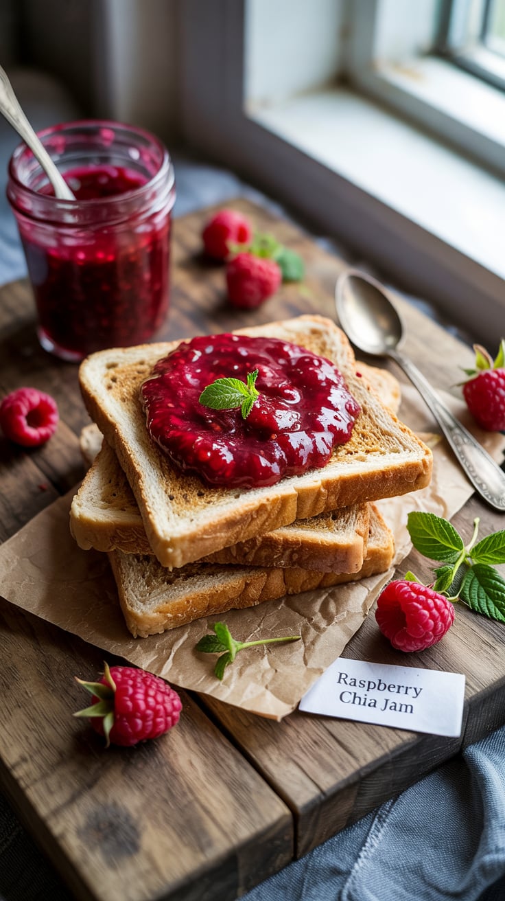 Enjoy a sweet and satisfying treat that won't derail your diet with Raspberry Chia Jam on Whole Wheat Toast. Packed with protein and healthy omega-3s, this guilt-free delight allows you to indulge in the goodness of fruit while keeping carbs and calories in check.