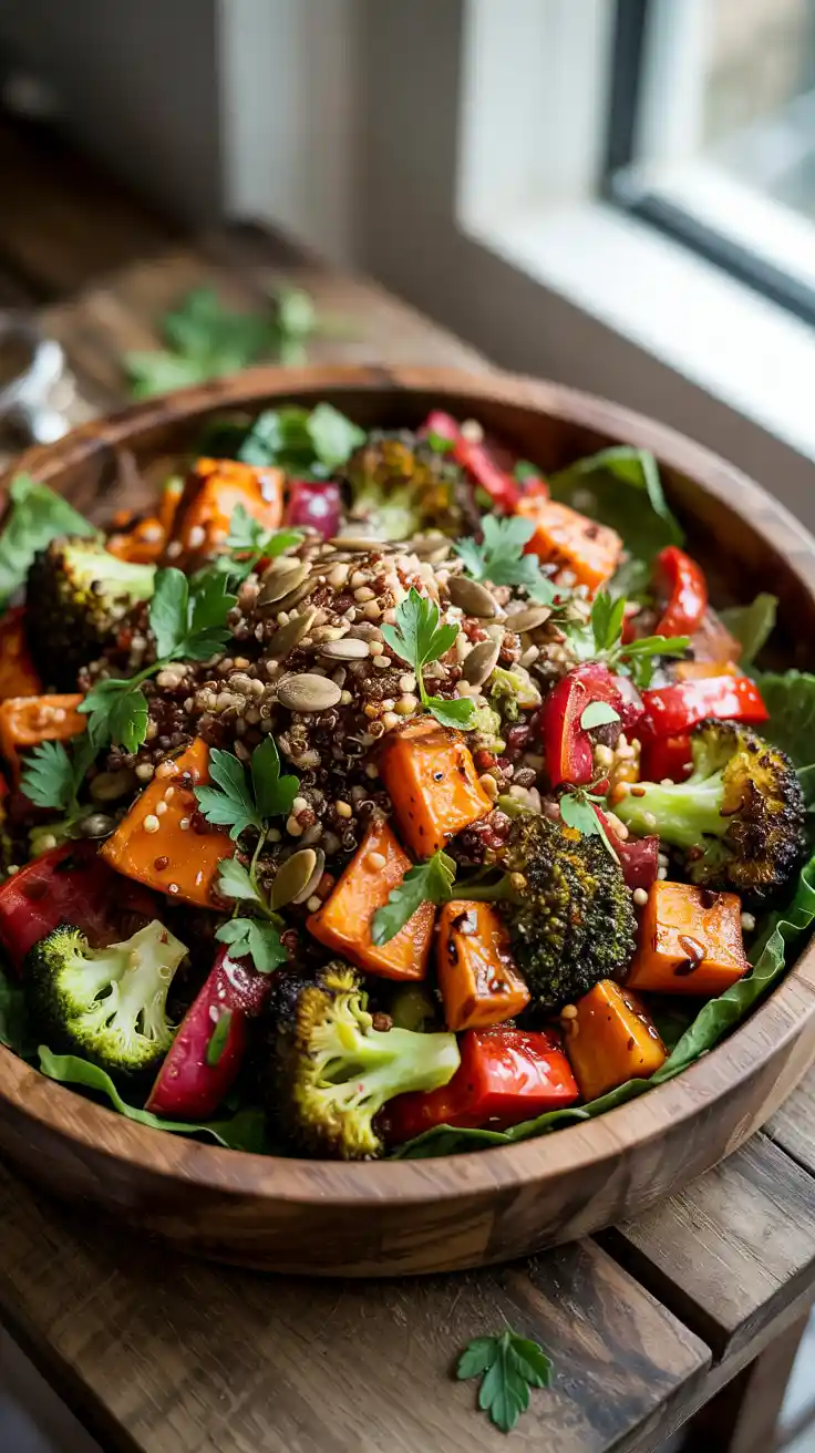 Savor a medley of roasted vegetables and protein-rich quinoa in this vibrant power salad, a wholesome option designed to keep both calories and cravings in check.