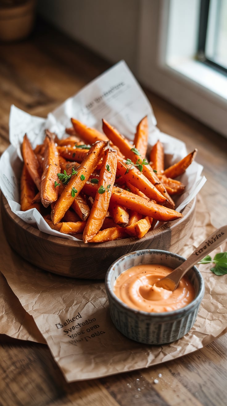 Enjoy the perfect guilt-free snack with these baked sweet potato fries, crispy on the outside and soft on the inside. Paired with a zesty spicy aioli, this dish delivers bold flavors without piling on the calories.