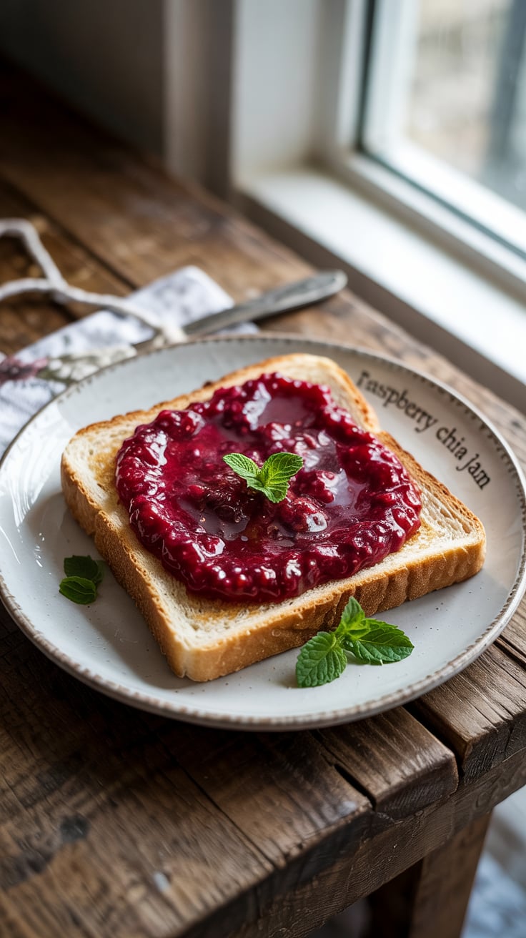 Elevate your breakfast with Raspberry Chia Jam spread over hearty whole wheat toast. This deliciously simple recipe is not only bursting with flavor but also high in protein, low in carbs, and light on calories, making it the perfect nutritious start to your day.