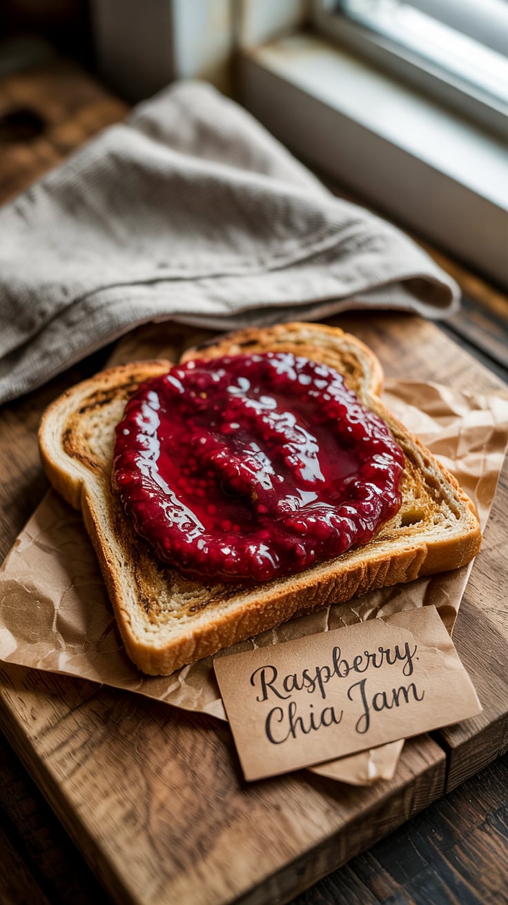 Discover the joy of homemade Raspberry Chia Jam slathered on nutritious whole wheat toast. This spread is rich in protein, incredibly low in carbs, and keeps calories minimal, making it an ideal choice for a delicious and health-conscious breakfast or snack.