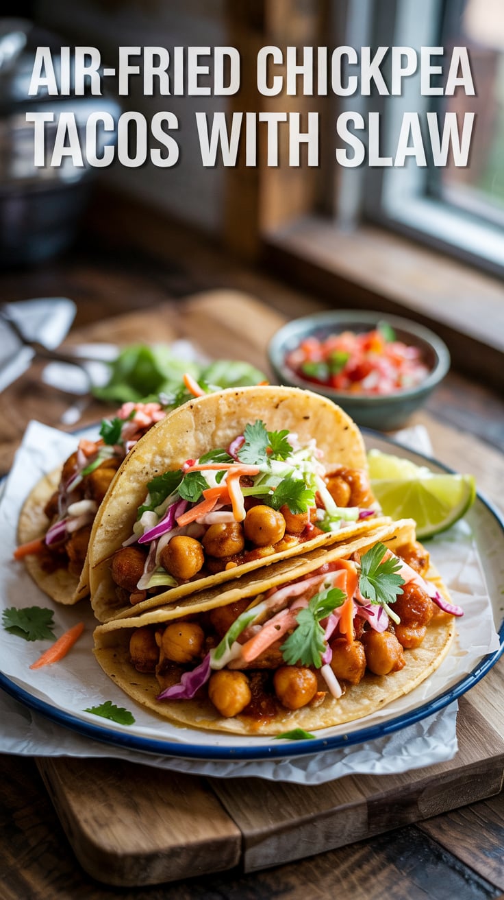 Discover the delicious combination of air-fried chickpeas and a vibrant slaw, creating a taco experience that’s both healthy and flavorful. With protein and fiber-packed ingredients, these tacos keep you full and energized without weighing you down.