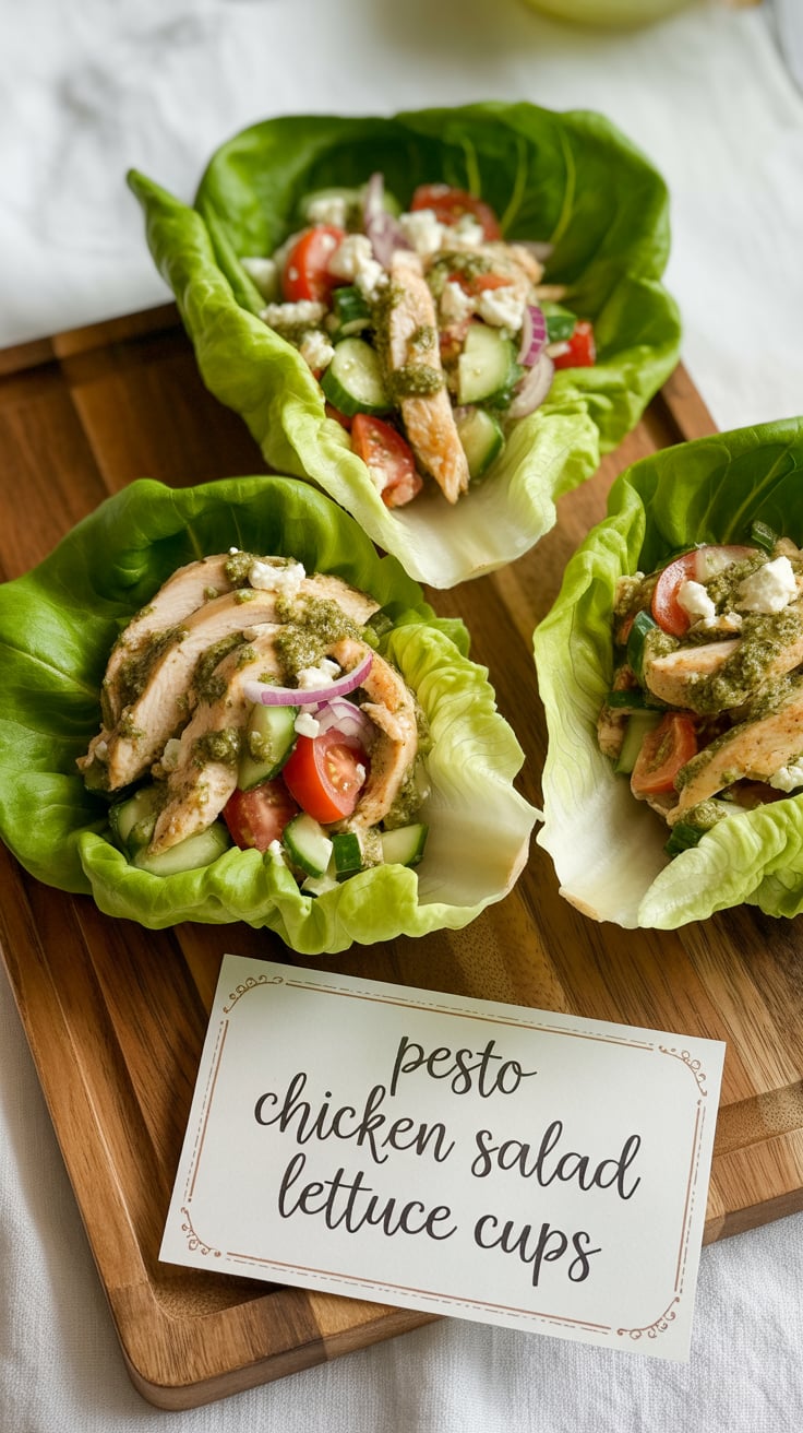 Experience a light and refreshing meal that packed with flavor and nutrition. Pesto Chicken Salad Lettuce Cups combine tender, seasoned chicken with vibrant pesto, all wrapped in crisp lettuce leaves, making it a perfect low-carb lunch or snack.