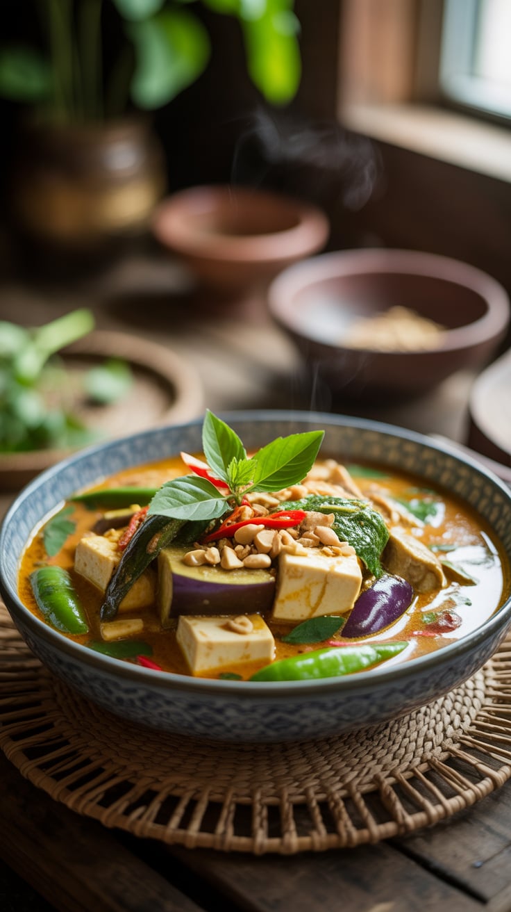 Creamy coconut and tangy tamarind meet vibrant Thai green curry paste, tender eggplant, and seared tofu for a bowl that’s luxuriously flavored yet easy to keep calorie-smart. Use light coconut milk and extra vegetable broth while bulking up with greens and bell peppers to enjoy the rich taste with fewer calories per serving.