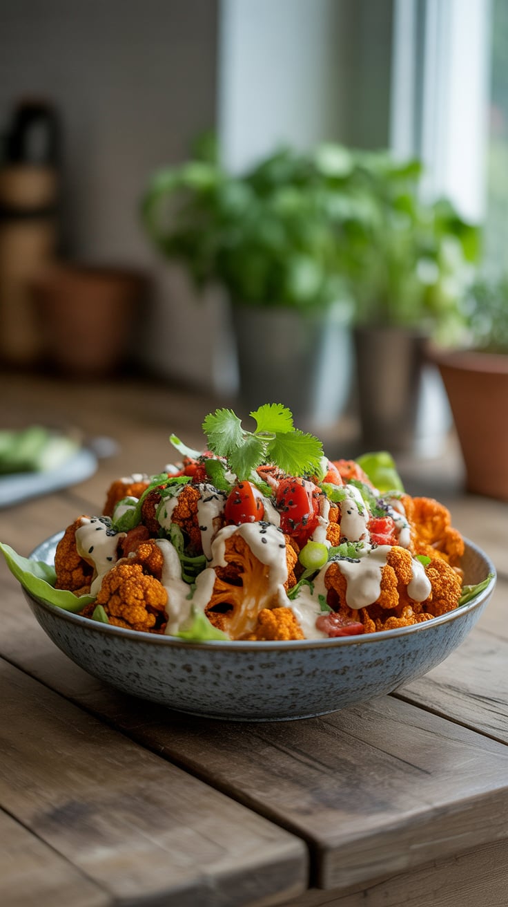This vegan bowl balances fiery buffalo flavor with creamy, herby cashew ranch for a guilt-free comfort meal that supports weight goals. Swap in cauliflower rice or extra greens, air-fry the cauliflower, and add chickpeas or baked tofu for protein without piling on calories.