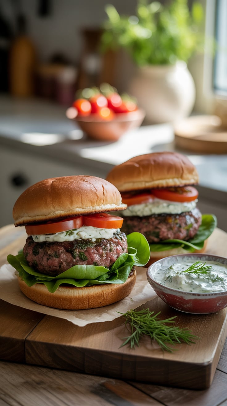 Sink your teeth into Herbed Beef Burgers, where juicy beef is enhanced with aromatic herbs, fresh spinach, and creamy feta. This protein-packed delight offers a healthy twist on a classic favorite, perfect for your next meal.