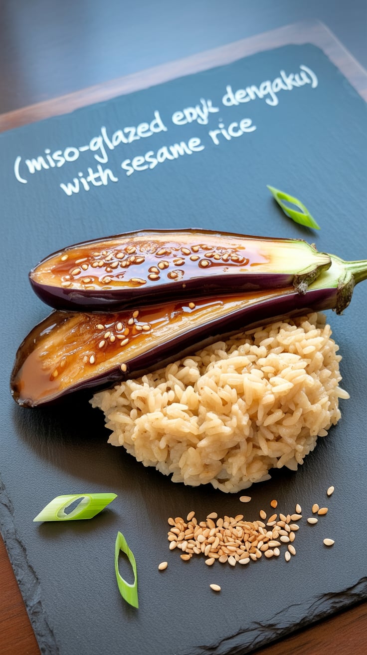 Broiled eggplant takes on a sticky, umami-rich miso topping while sesame-scented rice adds comforting texture—entirely plant-based and easy to trim for fewer calories by cutting oil or swapping to brown or cauliflower rice. Perfect for weeknight dinners or light entertaining.