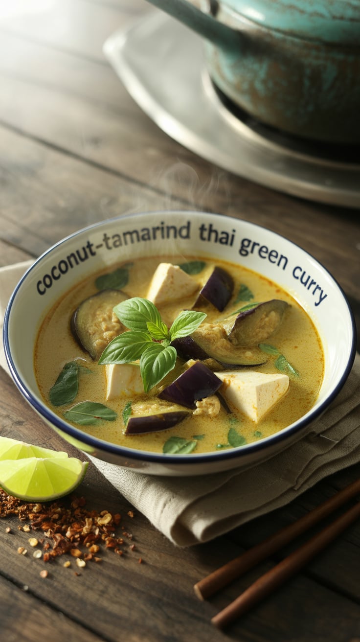 Silky cubes of tofu soak up the curry’s aromatic lemongrass and kaffir lime notes while roasted eggplant adds meaty texture without excess fat. Serve over cauliflower rice or a modest portion of brown rice to keep the meal filling, plant-based, and waistline-friendly.