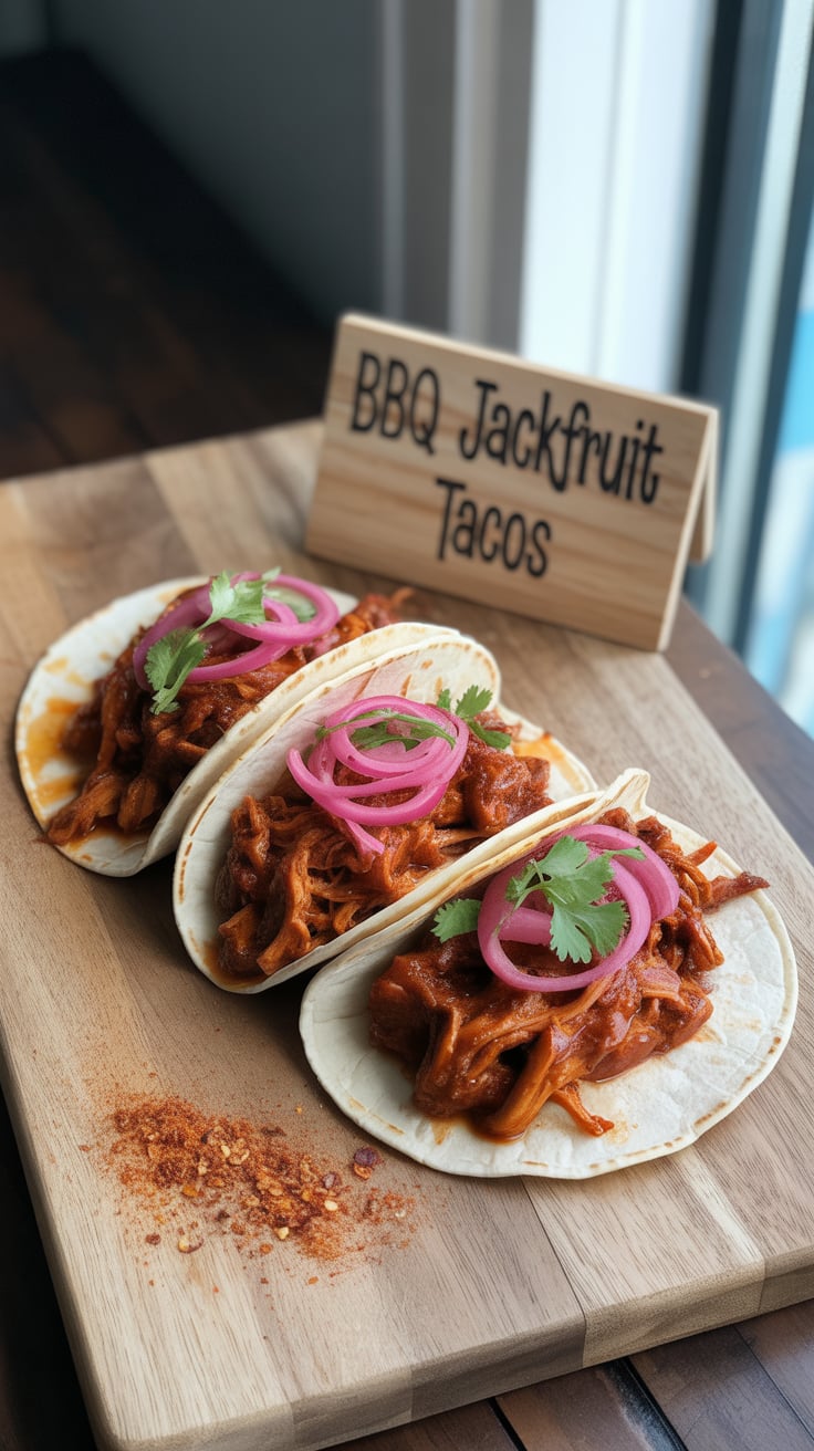 All the charred, tangy taco satisfaction without the meat: shredded jackfruit, zesty pickled onions, and guilt-free calories.