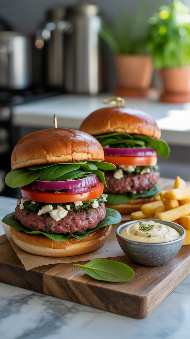 Upgrade your burger game with Herbed Beef Burgers featuring nutritious spinach and tangy feta. Each bite is loaded with lean protein and bursting with flavor, making this a satisfying and wholesome option for any occasion.