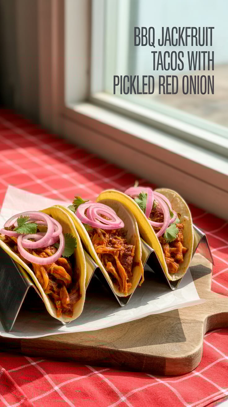 Smoky BBQ jackfruit piled into warm tortillas with bright pickled red onion—vegan, flavorful, and low in calories.