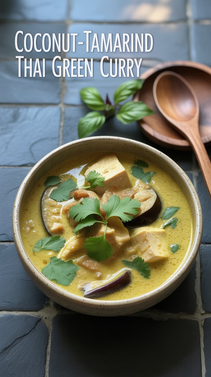 This vegan curry balances sweet, sour, and spicy elements—tamarind adds bright acidity that cuts through coconut richness so you can use a smaller amount of coconut milk and still feel indulgent. Make a big pot for meal prep: flavors deepen overnight, and reheated portions remain low-calorie if you thin with broth instead of adding more oil.