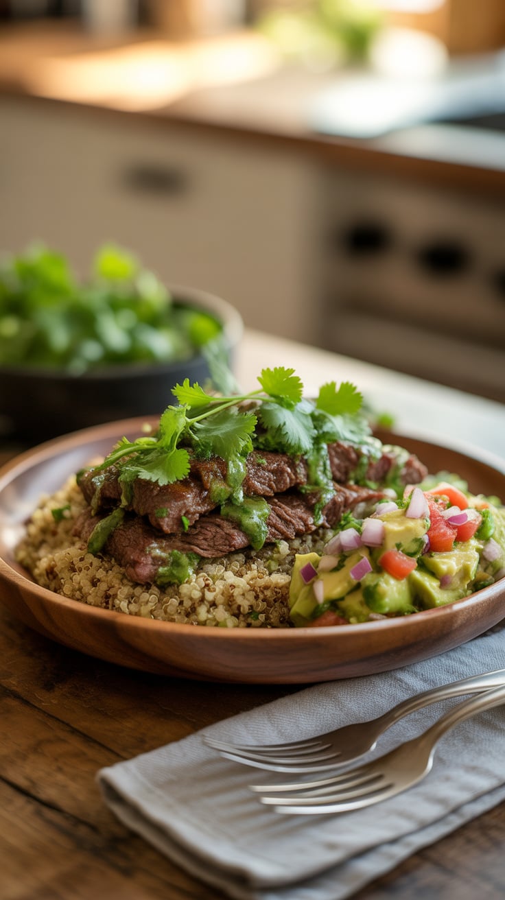 Brighten up your dinner with Cilantro Lime Beef Over Quinoa, where zesty beef pairs perfectly with fluffy quinoa and a refreshing avocado salsa. This protein-rich dish is not only delicious but also a healthy choice bursting with vibrant flavors.